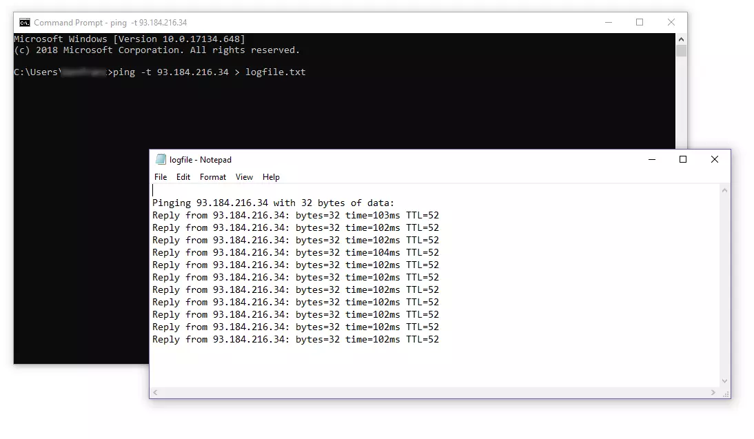 Image: Ping with redirection of the standard output to a text file
