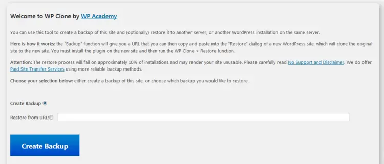 Dialog window for creating a backup with WP Clone by WP Academy Dialog window for creating a backup with WP Clone by WP Academy