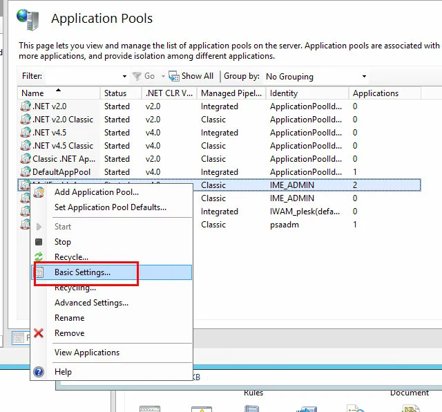 Image: IIS manager, Application Pools: contextual menu, “Basic settings”