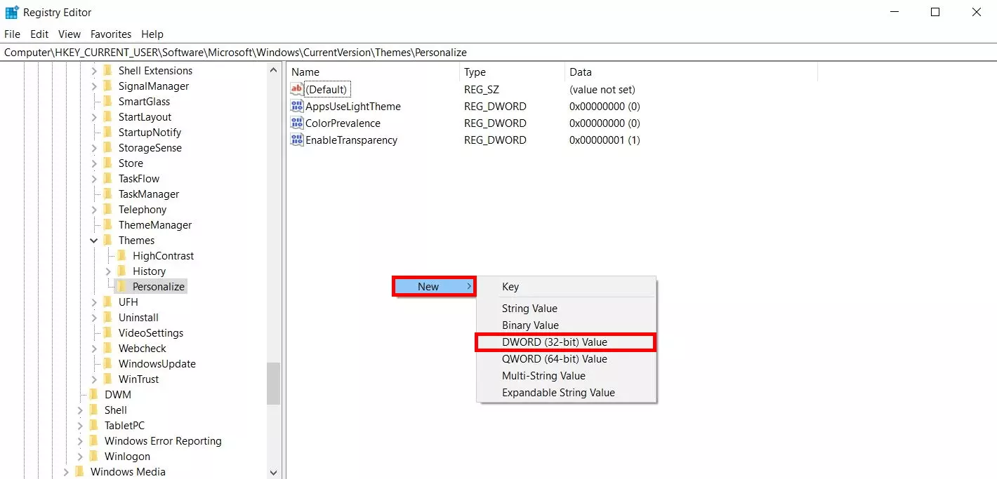 Image: Windows 10: Insert a new value in the registry editor