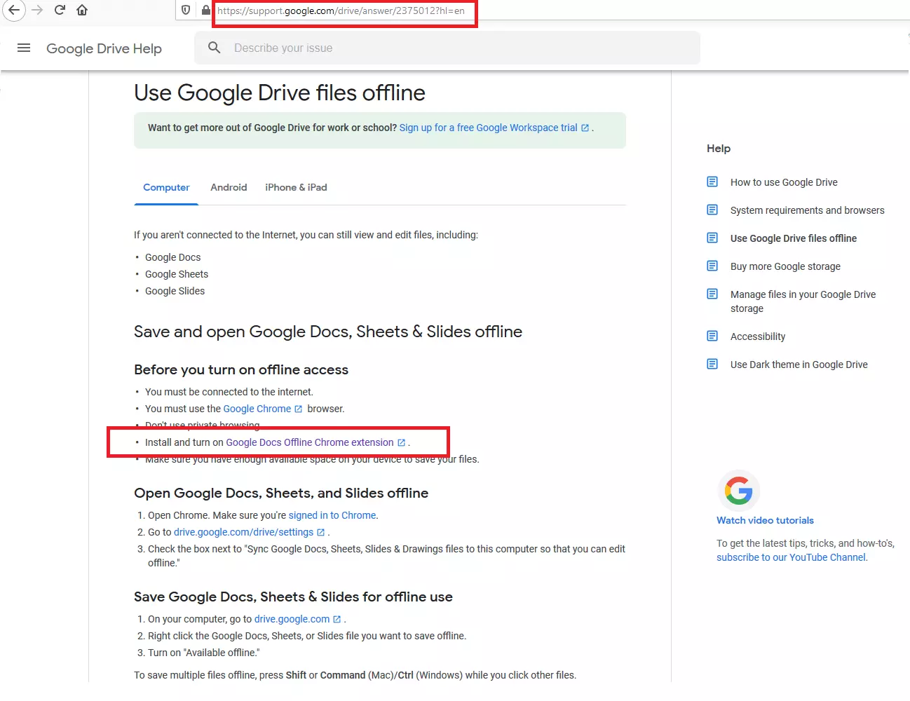 Image: Google Drive Help page about “Use Google Drive files offline”