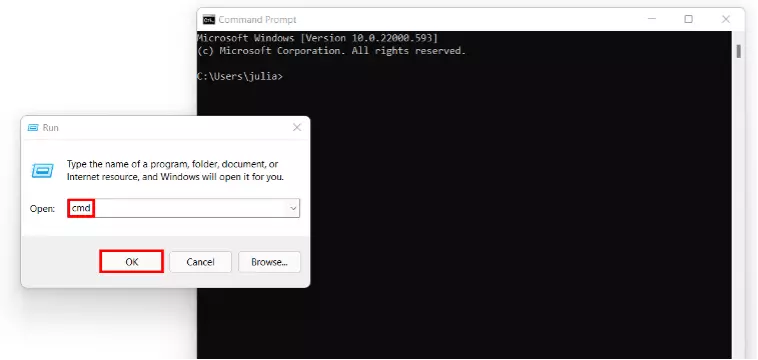 Image: Windows 11: Accessing the command prompt via “Run”