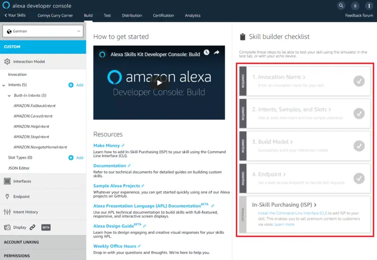 Alexa Developer Console: overview page in the build area Alexa Developer Console: overview page in the build area