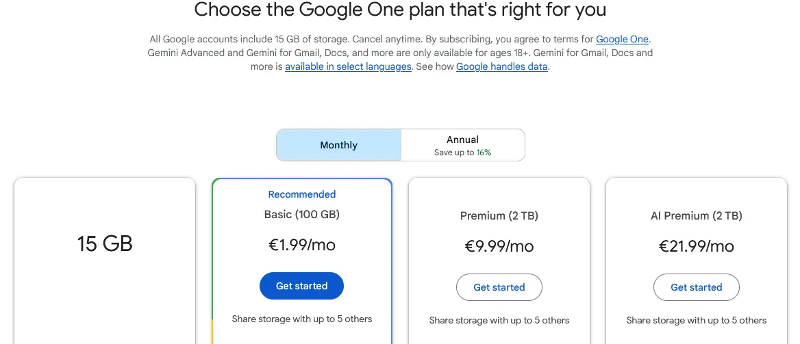 Image: Google One’s different subscription plans (shown here in euros)
