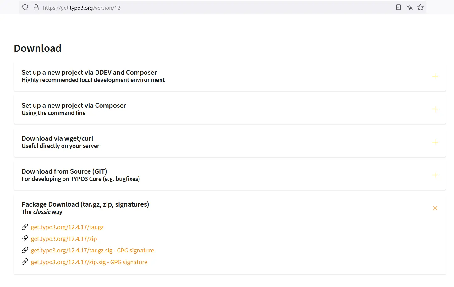 TYPO3 download links overview Image: TYPO3 download links overview