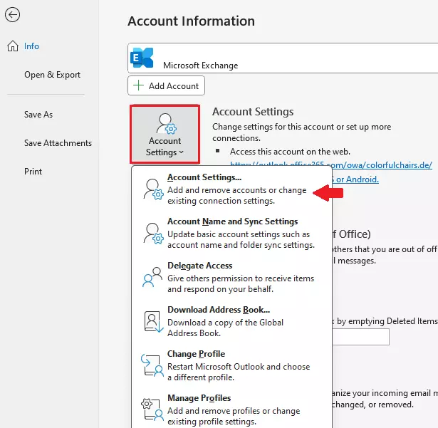 Outlook change sender: open Account Settings Outlook change sender: open Account Settings