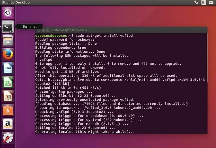 vsftpd installation in the Ubuntu terminal vsftpd installation in the Ubuntu terminal