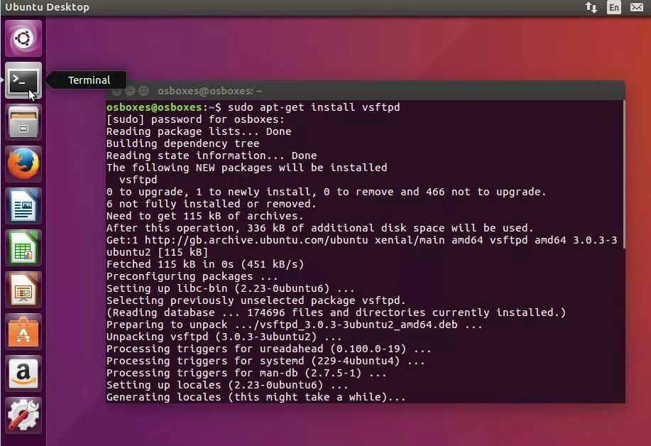 Image: vsftpd installation in the Ubuntu terminal