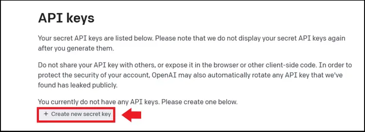 The “Create new secret key” option in the API Key menu The “Create new secret key” option in the API Key menu