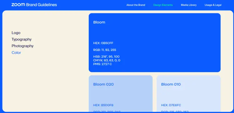 Screenshot of Zoom’s color palette in the video communication platform’s style guide. Screenshot of Zoom’s color palette in the video communication platform’s style guide.