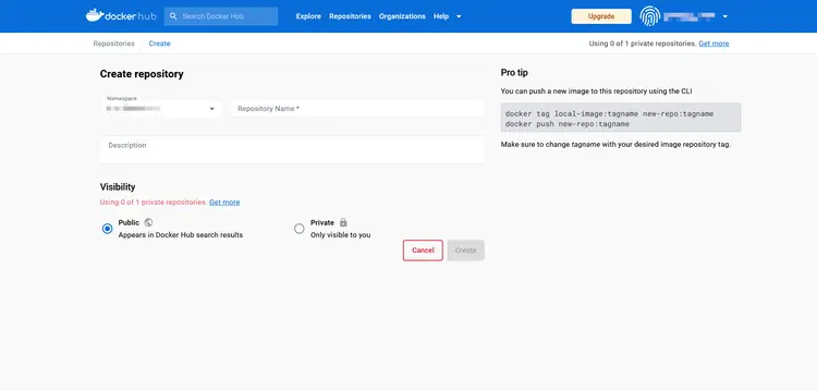 The Docker hub: Input screen for creating a repository The Docker hub: Input screen for creating a repository