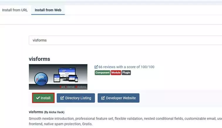 Image: Joomla backend: Install visforms from web