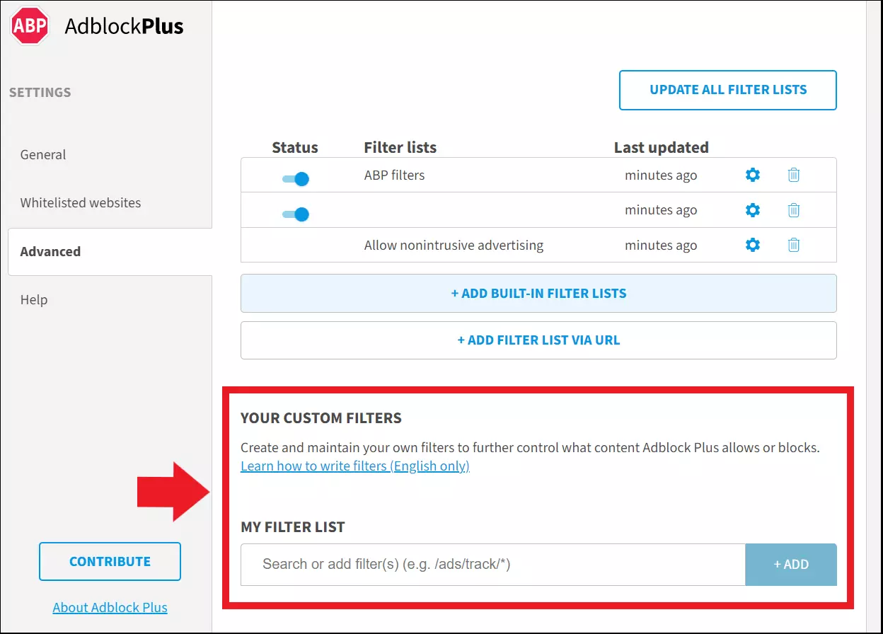 Image: Option for exceptions in the Adblock Plus settings