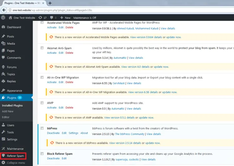 WordPress backend: Plugin management WordPress backend: Plugin management