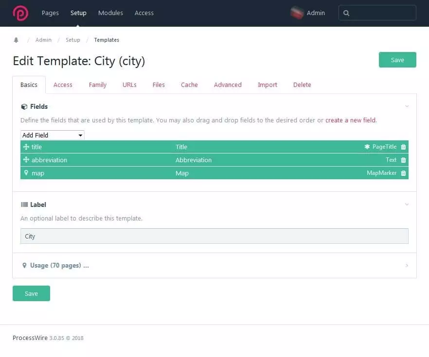 Image: Example of a template for the parent page “City” with three fields
