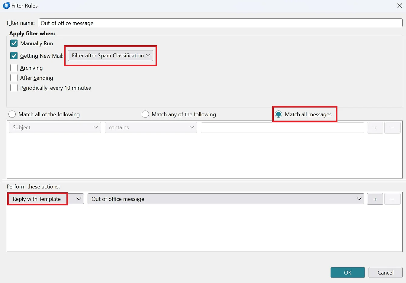 Set up Thunderbird out-of-office: Configure filter Image: Set up Thunderbird out-of-office: Configure filter