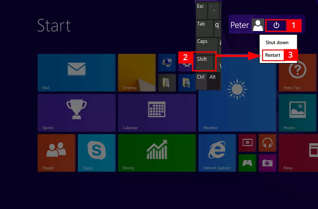 Image: Windows 8 Charms bar with restart option