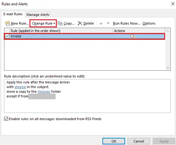 Image: Rules and Alerts dialog box