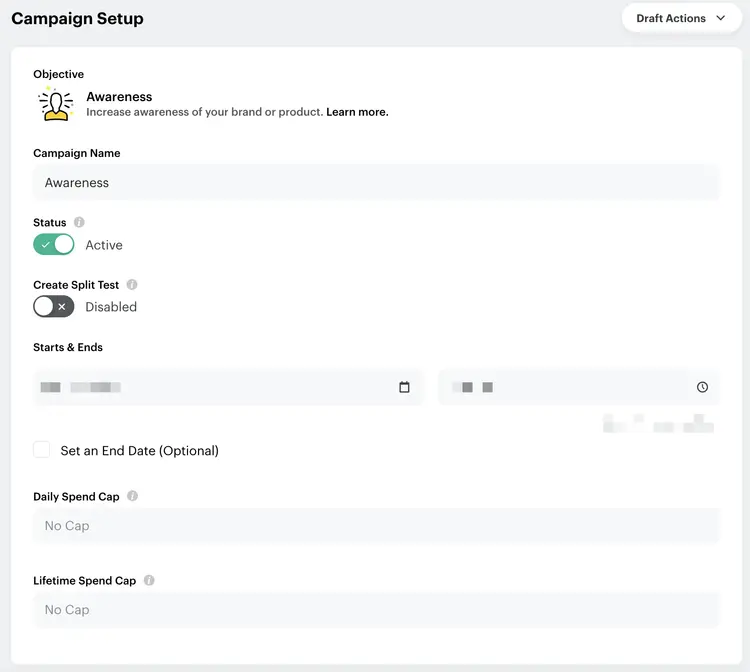 Screenshot of the “Campaign Setup” in the Ads Manager Screenshot of the “Campaign Setup” in the Ads Manager