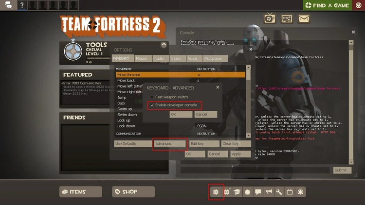 TF2 start screen: Activating the developer console TF2 start screen: Activating the developer console