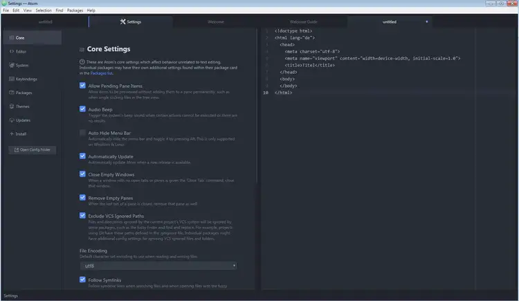 Menu of the web editor Atom Menu of the web editor Atom