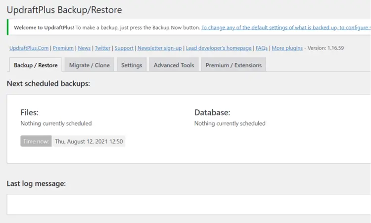 UpdraftPlus in the WordPress backend UpdraftPlus in the WordPress backend