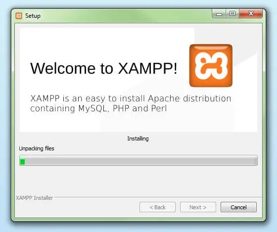 Start of the XAMPP installation process Start of the XAMPP installation process