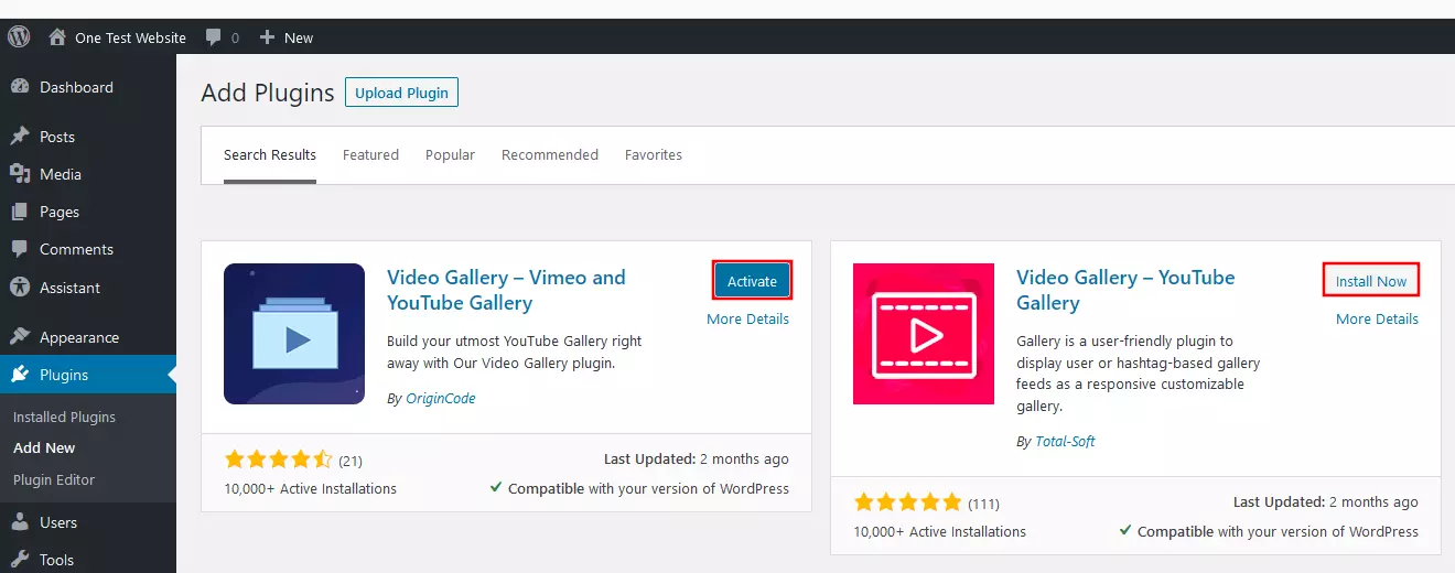 Image: WordPress plugins: Buttons to install and activate