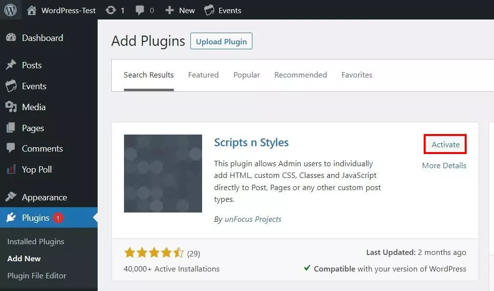 Image: WordPress backend: Installing “Scripts n Styles”