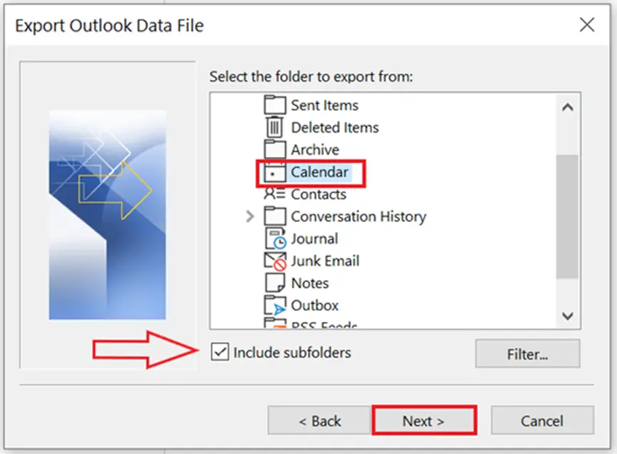 Outlook Import and Export Wizard: Selection of data for export Image: Outlook Import and Export Wizard: Selection of data for export