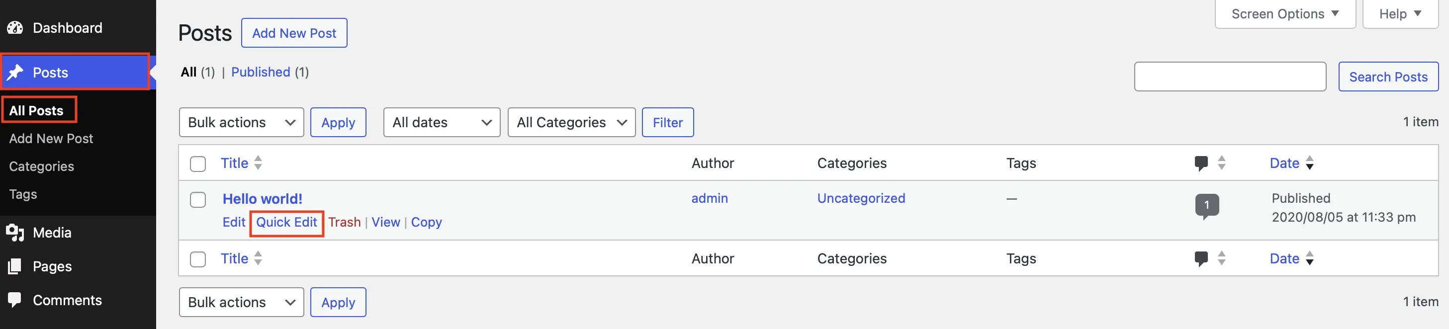 Image: “All Posts” page in the WordPress backend with the “Quick Edit” button are highlighted