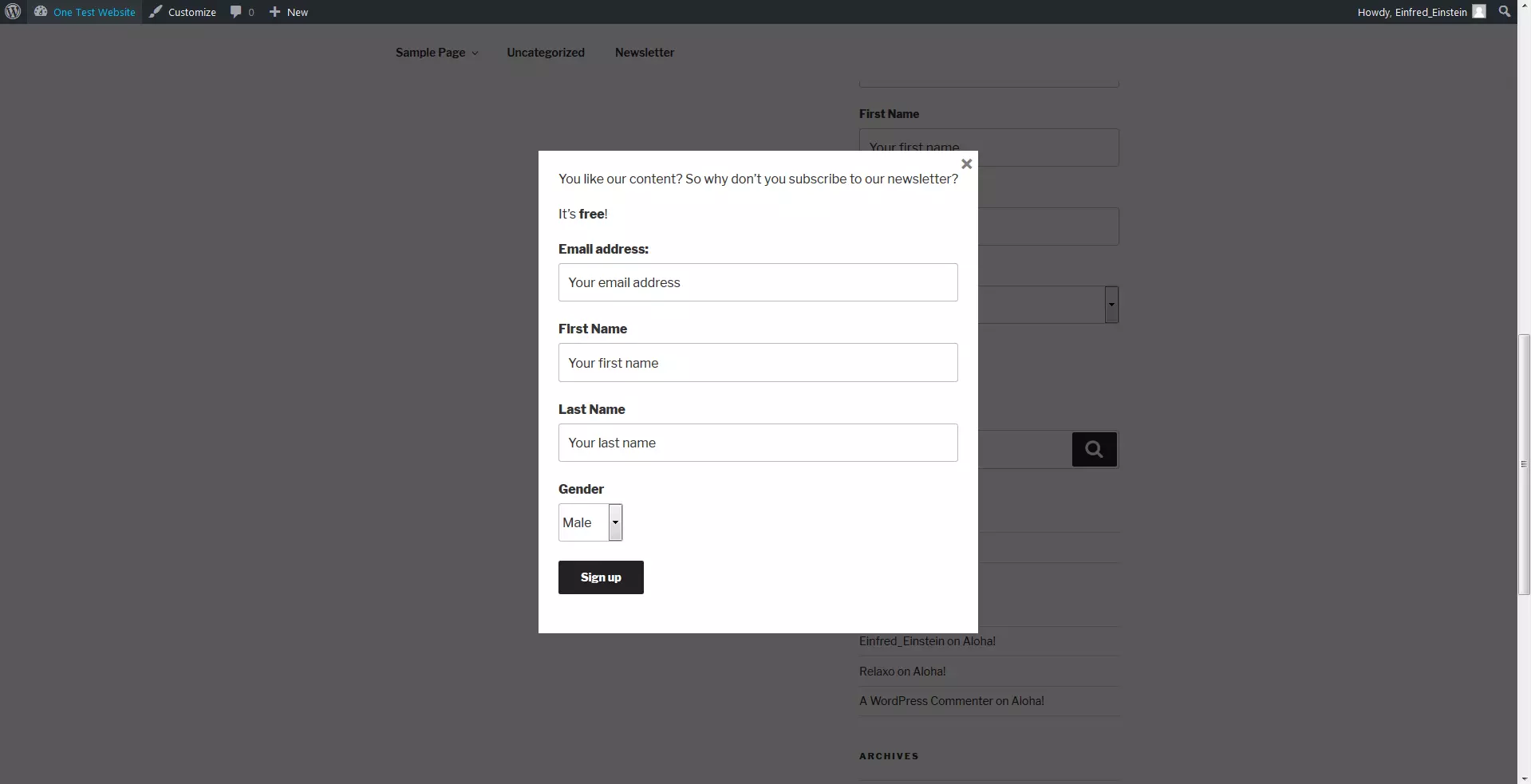 Image: registration form as a page overlay