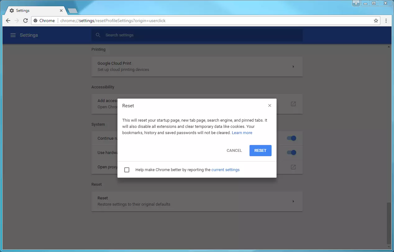 Image: Chrome browser reset window