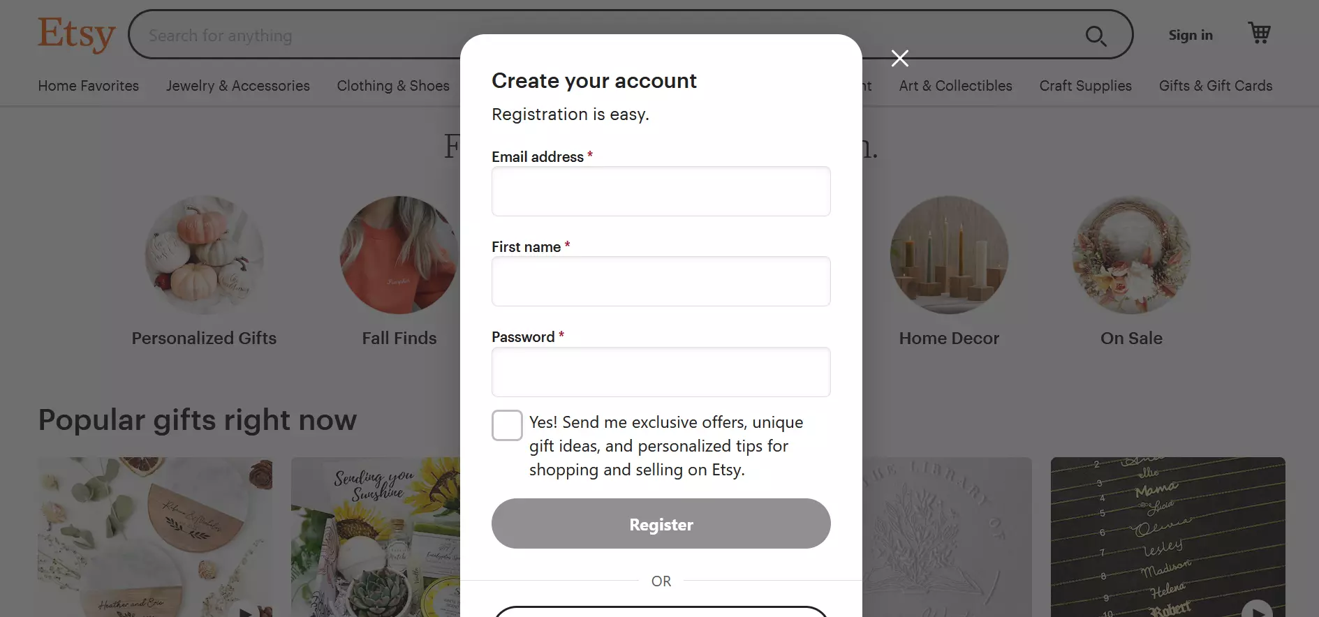 Screenshot of the account creation window on Etsy Screenshot of the account creation window on Etsy