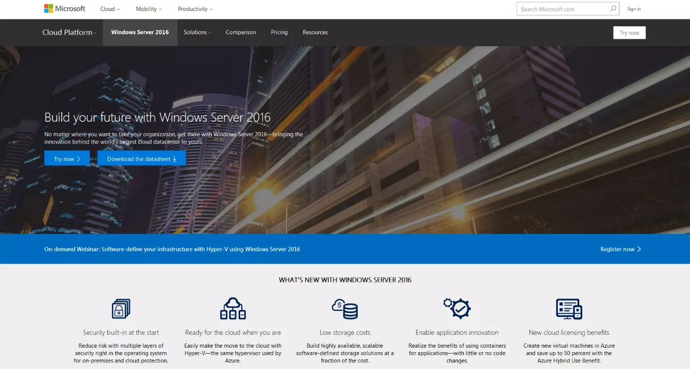 Image: The product page of Microsoft Windows Server 2016