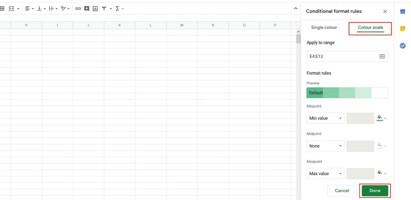 Image: Google Sheets: Menu to format color scale