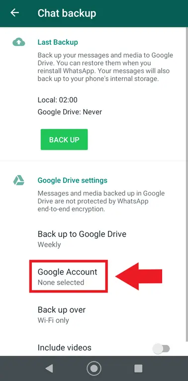 WhatsApp chat backup menu with “Google Account” settings WhatsApp chat backup menu with “Google Account” settings