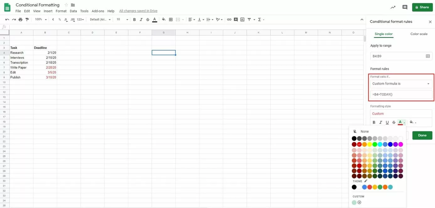 Image: Google Sheets: Rules for conditional formatting