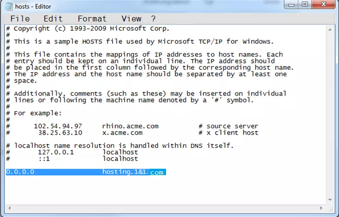Image: The hosts file on Windows 7 and Windows 10 in the editor