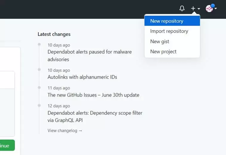 Image: Screenshot of plus icon in GitHub Menu