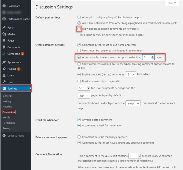 “Discussion Settings” page in the WordPress backend with options for disabling comments for the entire website “Discussion Settings” page in the WordPress backend with options for disabling comments for the entire website