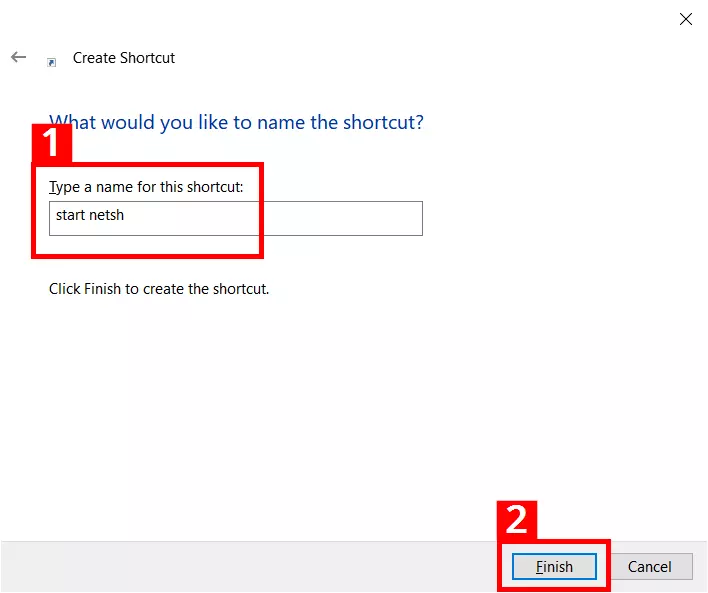 Image: Entering a name for the Netsh shortcut