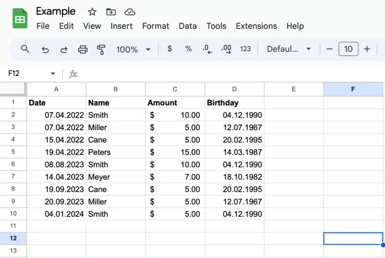 Screenshot of an example table Screenshot of an example table
