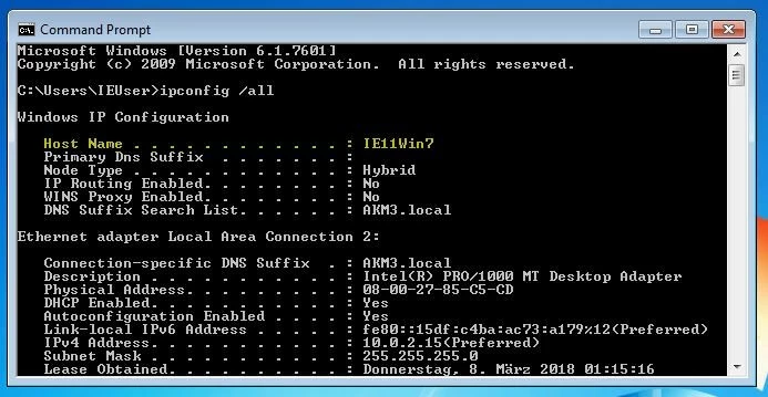 Image: Using the command “ipconfiq /all” in the command line.