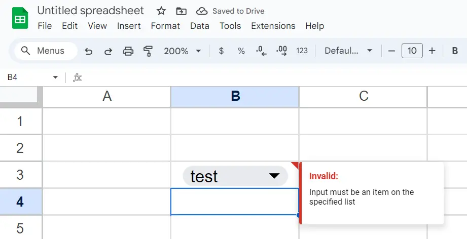 Google Sheets: A warning is displayed for an invalid entry Image: Google Sheets: A warning is displayed for an invalid entry