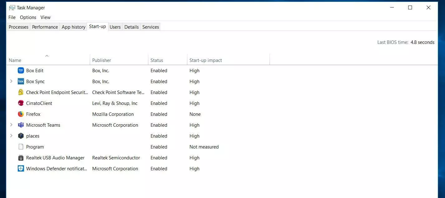 Image: Startup tab in the Task Manager in Windows 10