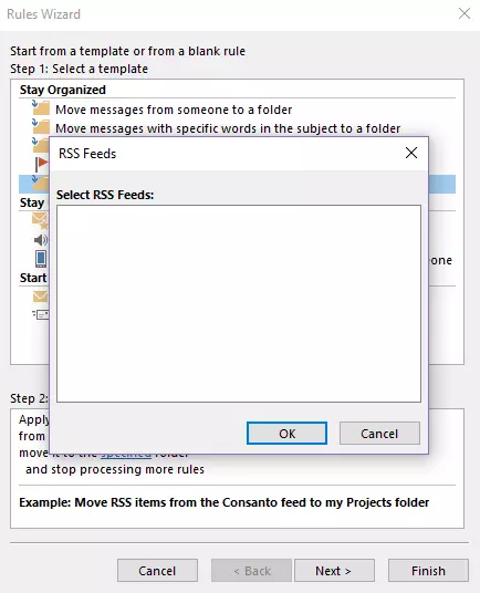 Outlook Rules Wizard: Selecting the RSS feed Outlook Rules Wizard: Selecting the RSS feed