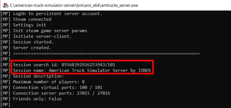 Prompt after “American Truck Simulator” server has been started Prompt after “American Truck Simulator” server has been started