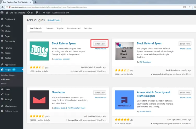 WordPress backend: Plugin management WordPress backend: Plugin management