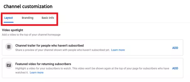 Image: YouTube menu “Channel customization”